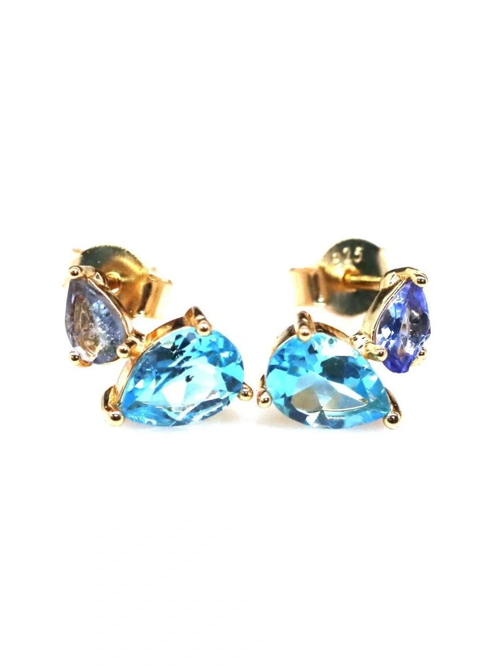 Stunning Natural Sky Blue Topaz and Tanzanite Stud Earrings 14K Yellow Gold